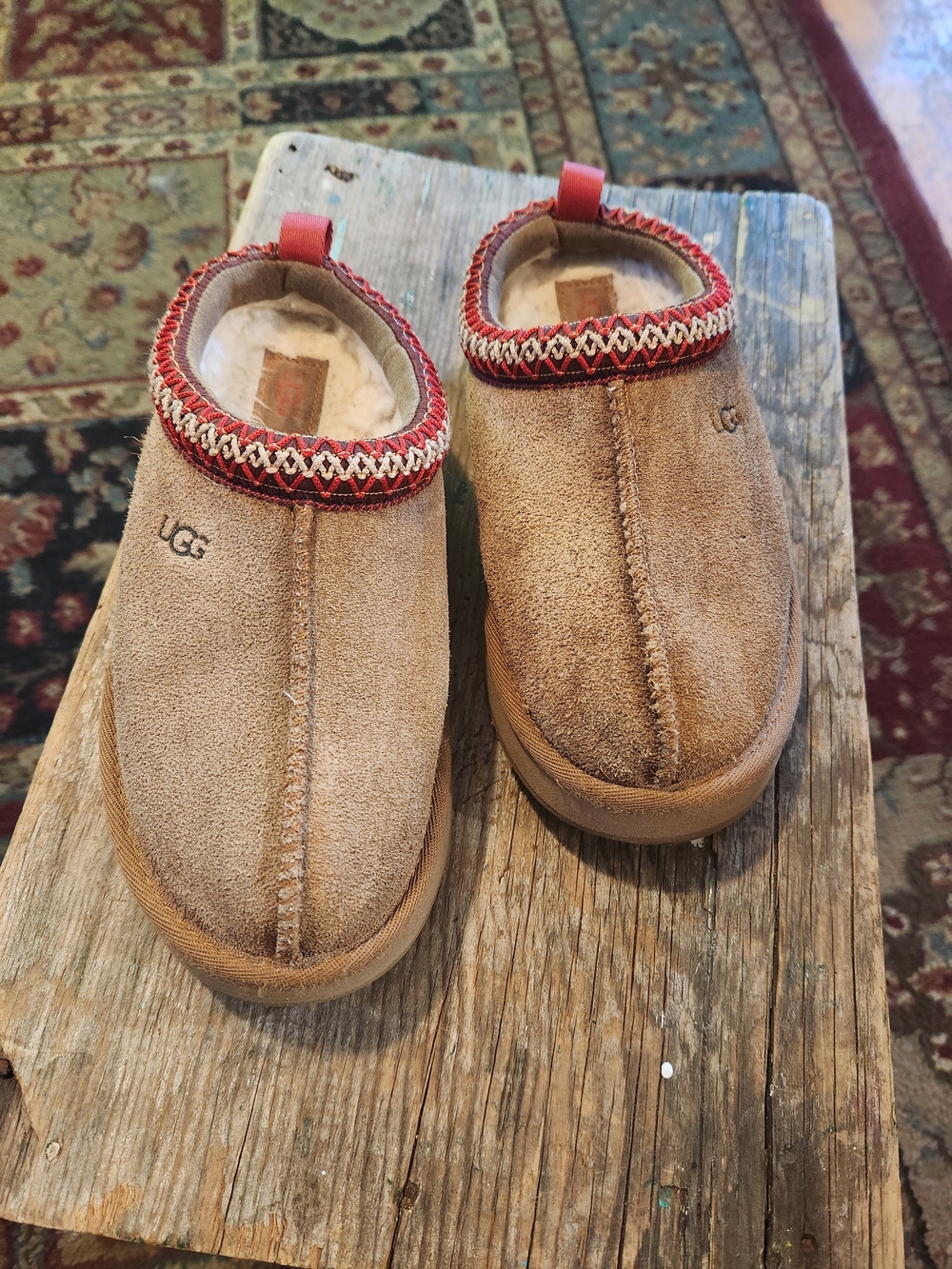 UGG Kids Chestnut Suede Slip-On Slippers with Red Trim